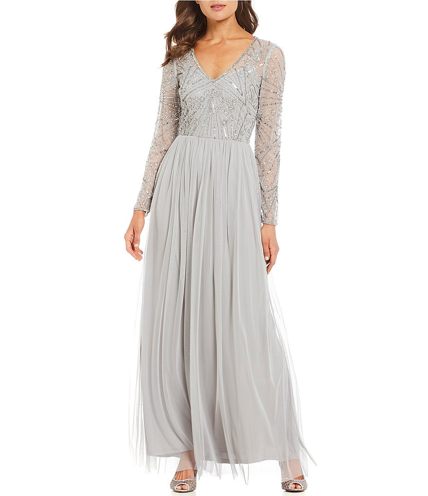 Adrianna Papell V Neck Sequin Bodice Chiffon Gown