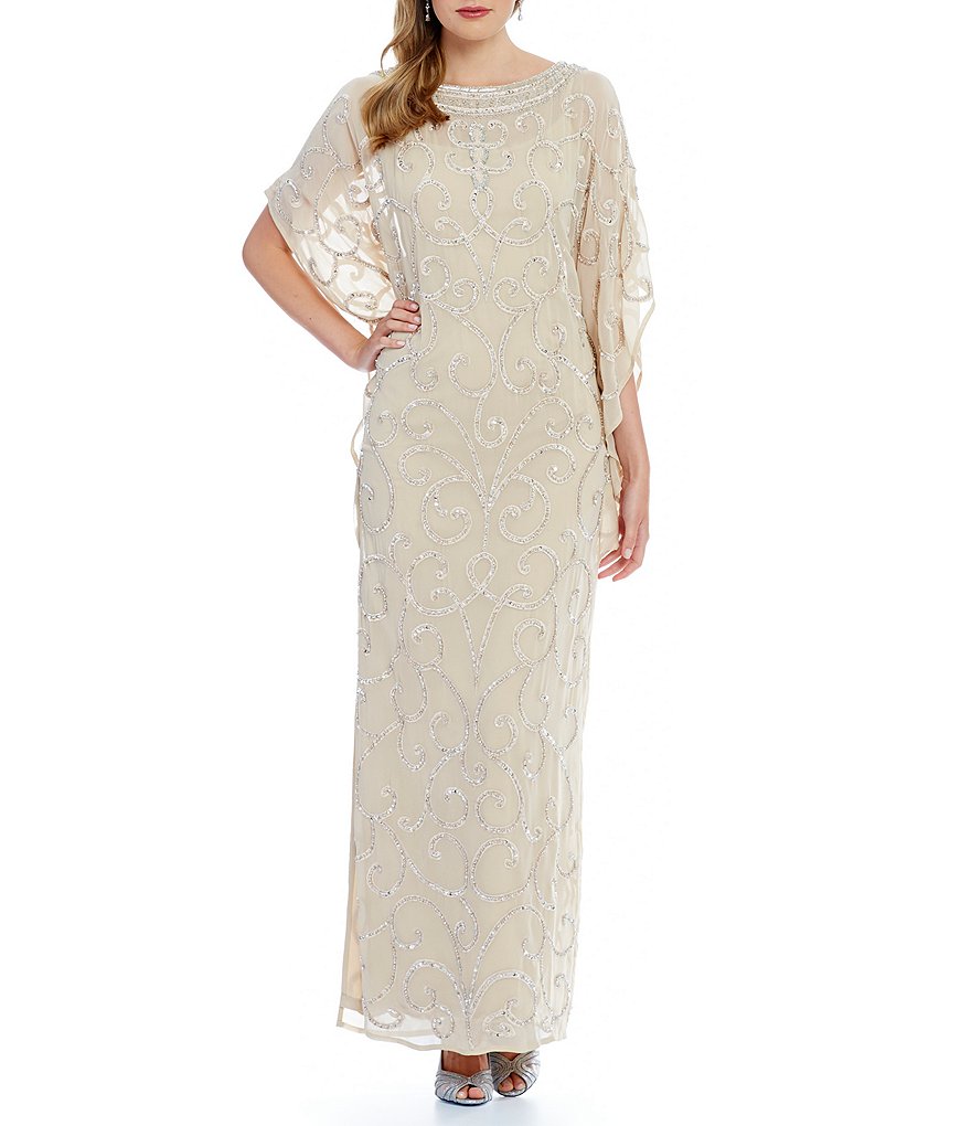 Aidan Mattox Beaded 3/4 Flutter Sleeve Caftan Gown