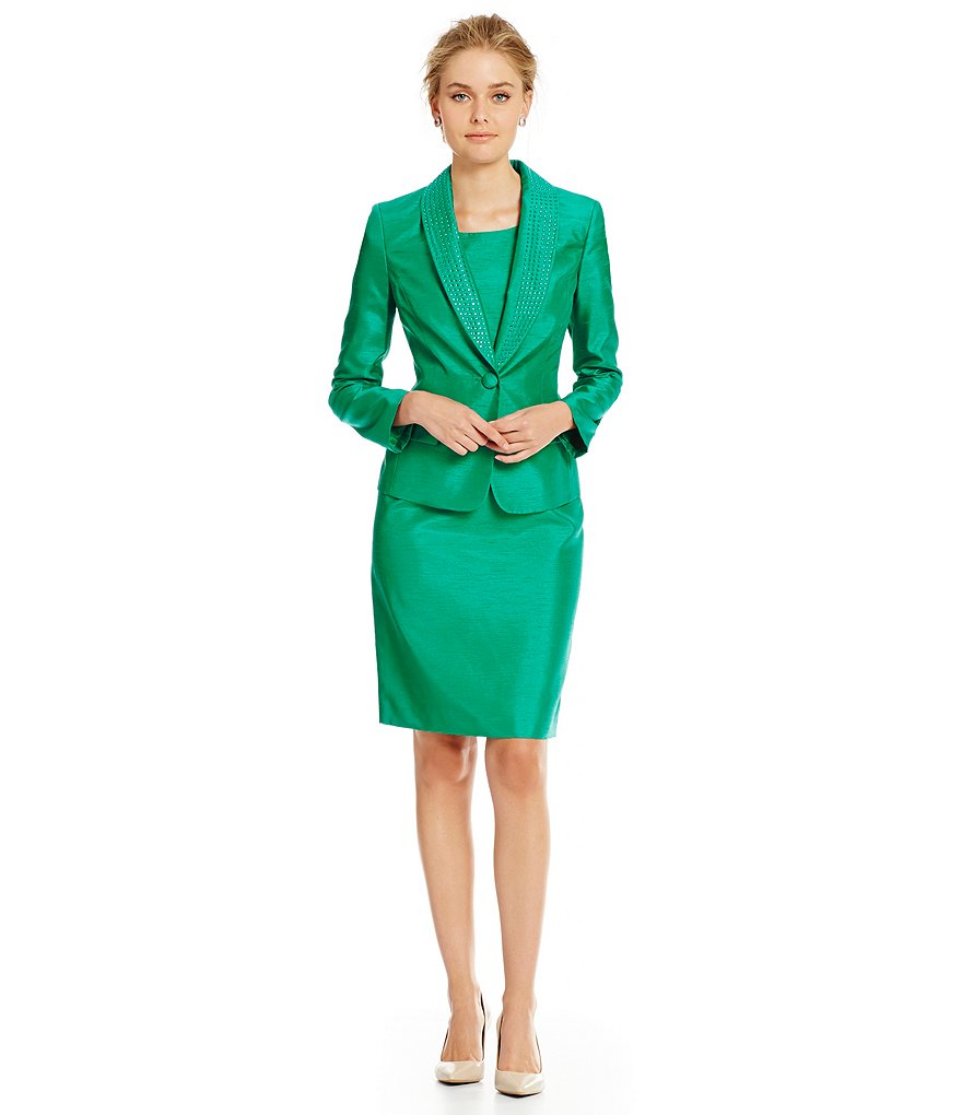 Albert Nipon Beaded Collar Sheath Dress Suit