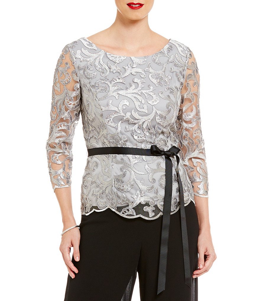 Alex Evenings 3/4-Sleeve Belted Embroidered Blouse