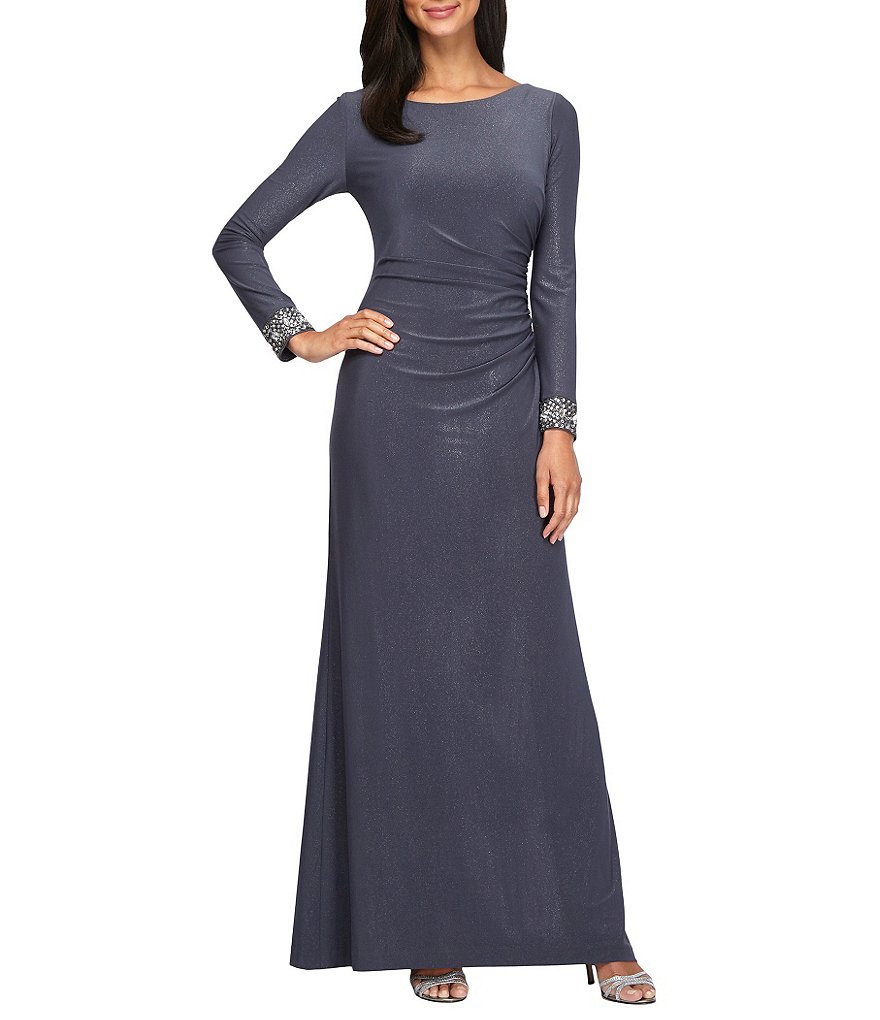 Alex Evenings Beaded Illusion Long Sleeve A-line Gown