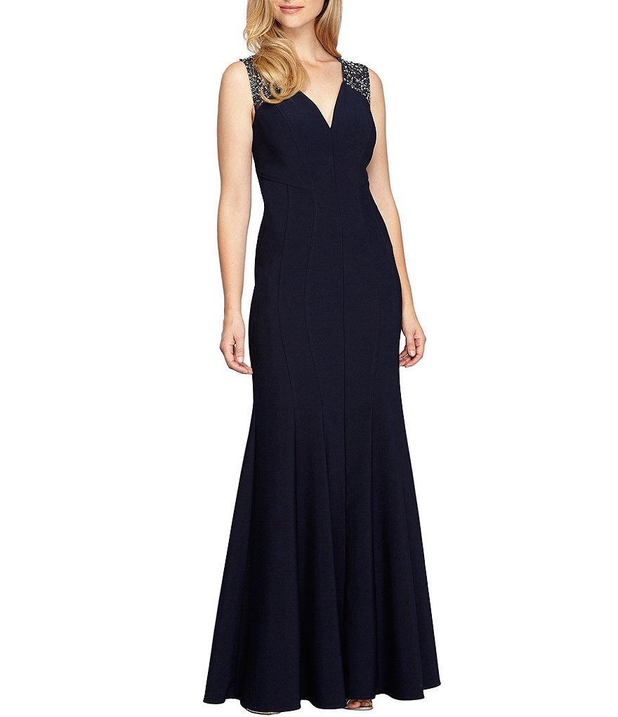 Alex Evenings Beaded-Shoulder Matte Jersey Gown