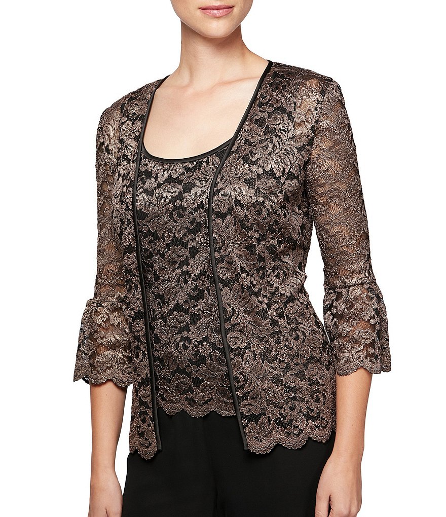 Alex Evenings Bell-Sleeve Metallic Lace Twinset
