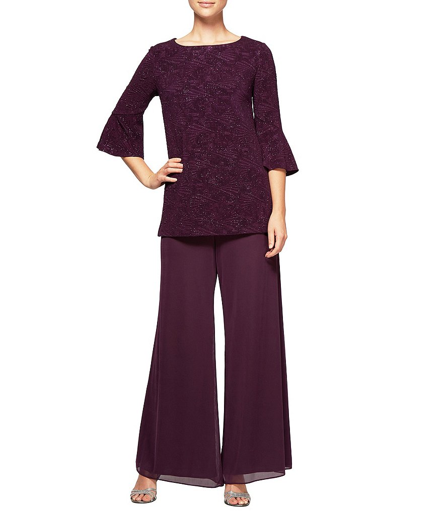 Alex Evenings Glitter Bell-Sleeve Tunic 2-Piece Pant Set