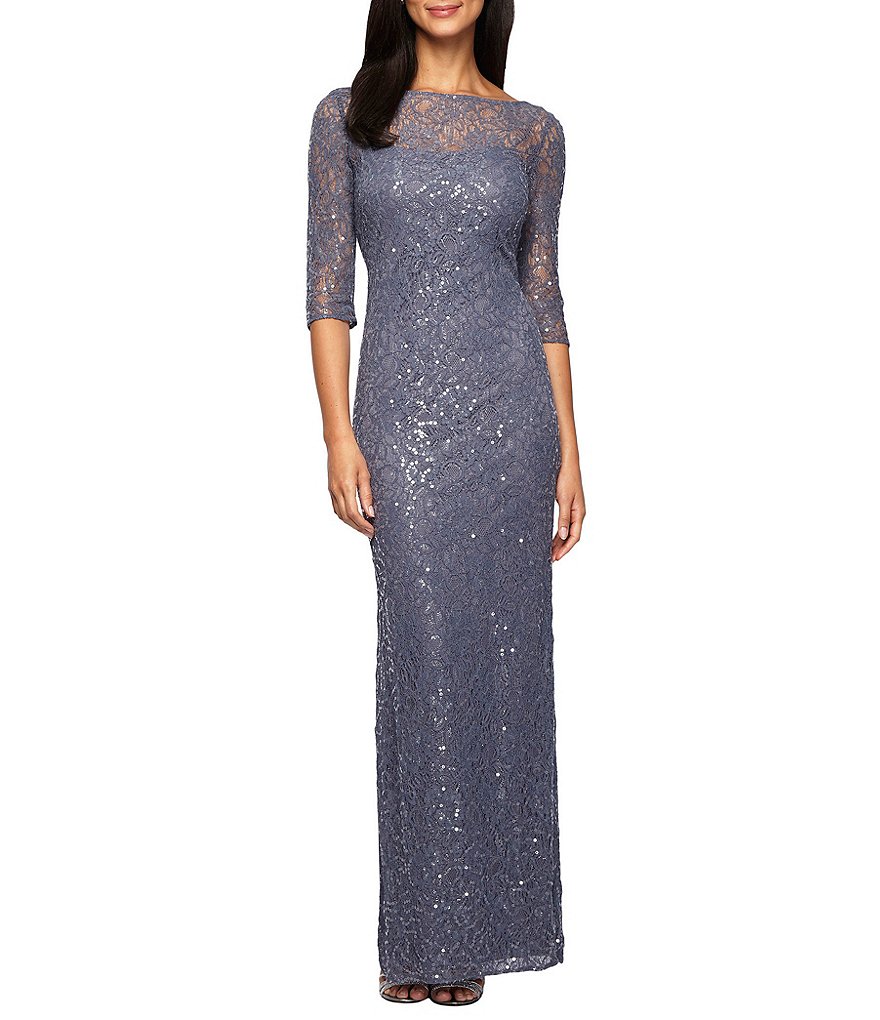 Alex Evenings Boat Neck 3/4 Sleeve Sequined Lace Column Gown