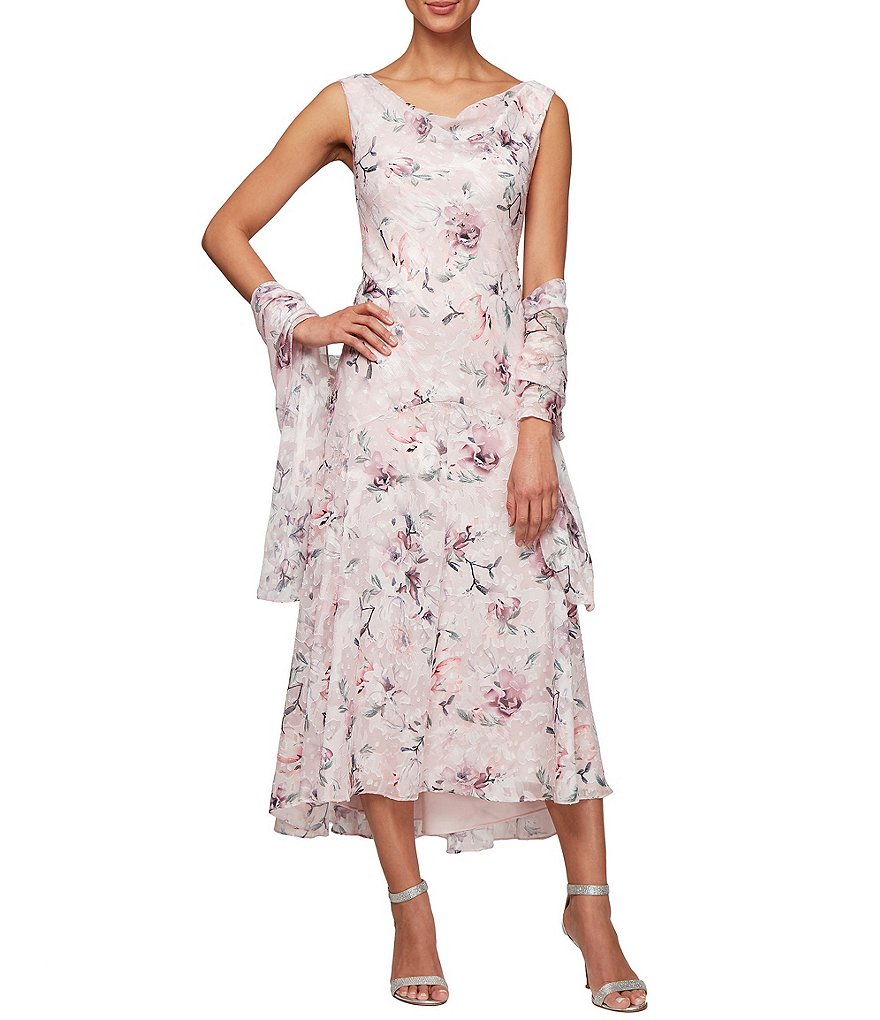Alex Evenings Burnout Floral Print Sleeveless Shift Midi Dress