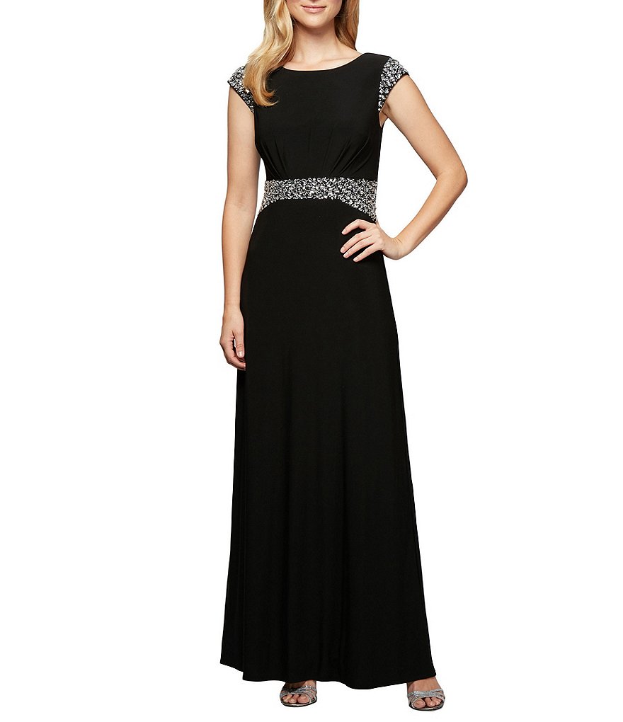 Alex Evenings Cap Sleeve Beaded Waist Gown