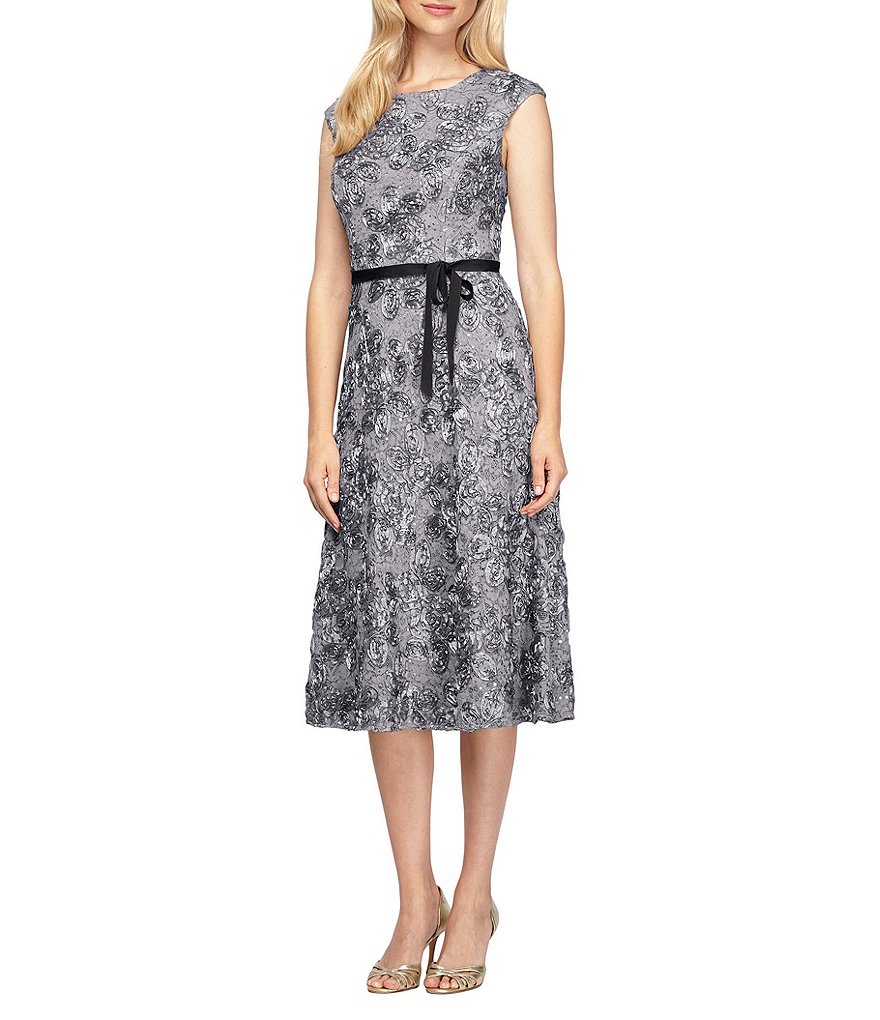 Alex Evenings Cap Sleeve Belted Rosette Tea-Length Dress