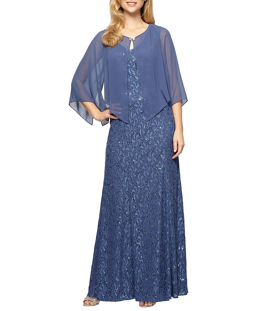 Alex Evenings Chiffon Capelet Lace Gown