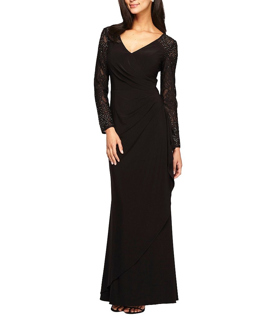 Alex Evenings Embellished Illusion Long Sleeve Gown