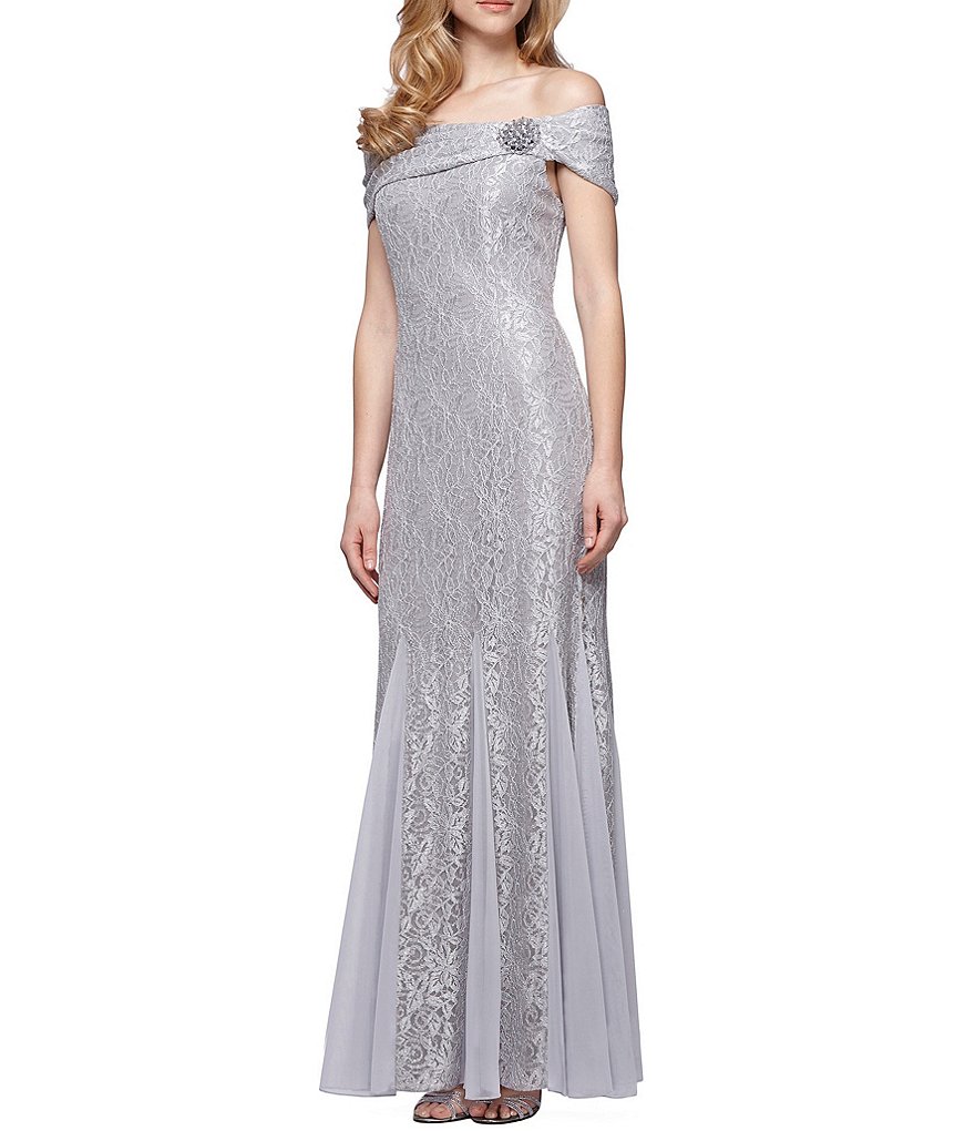 Alex Evenings Godet Detail Beaded Off-Shoulder Dress