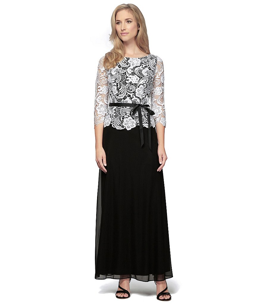 Alex Evenings Illusion Lace Belted-Sash Gown