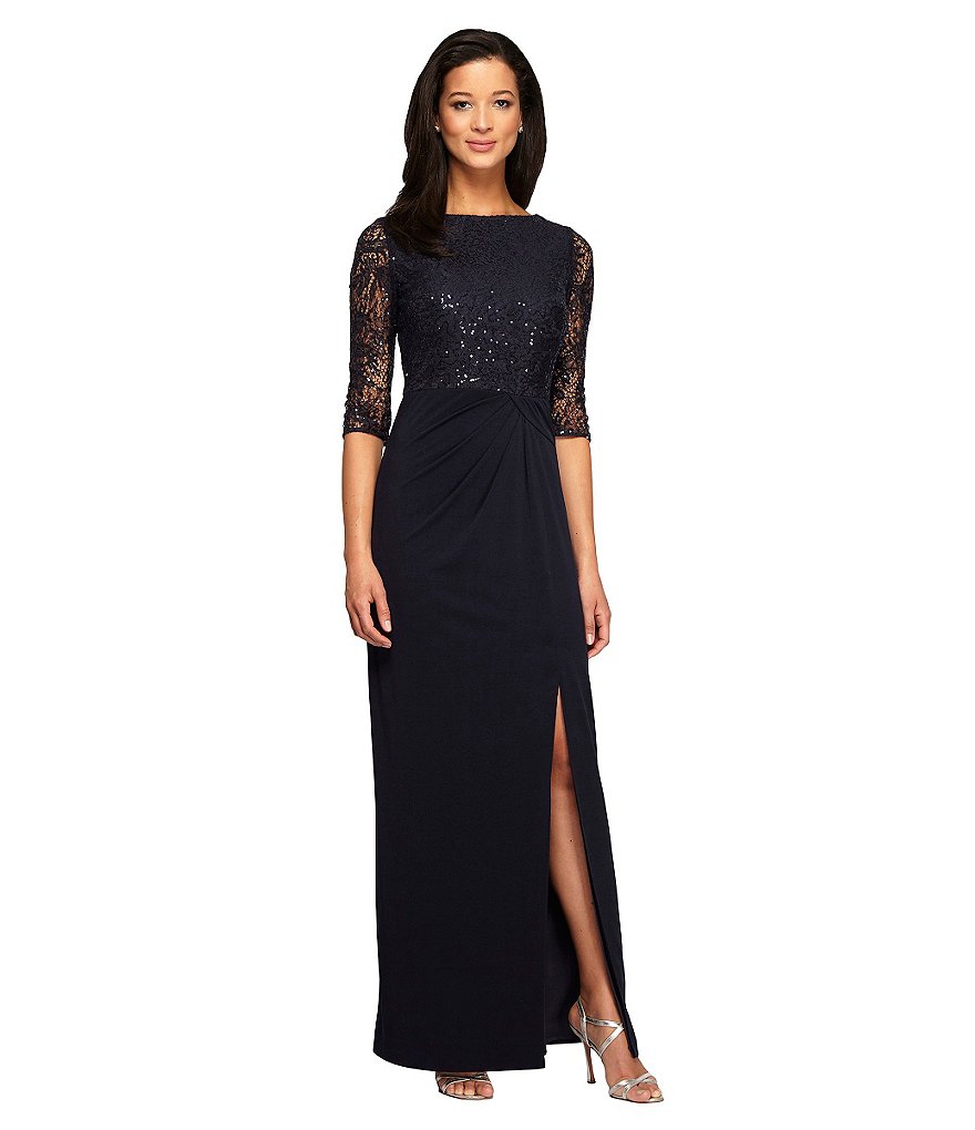 Alex Evenings Illusion Sleeve Sequin Lace Bodice Draped Column Gown