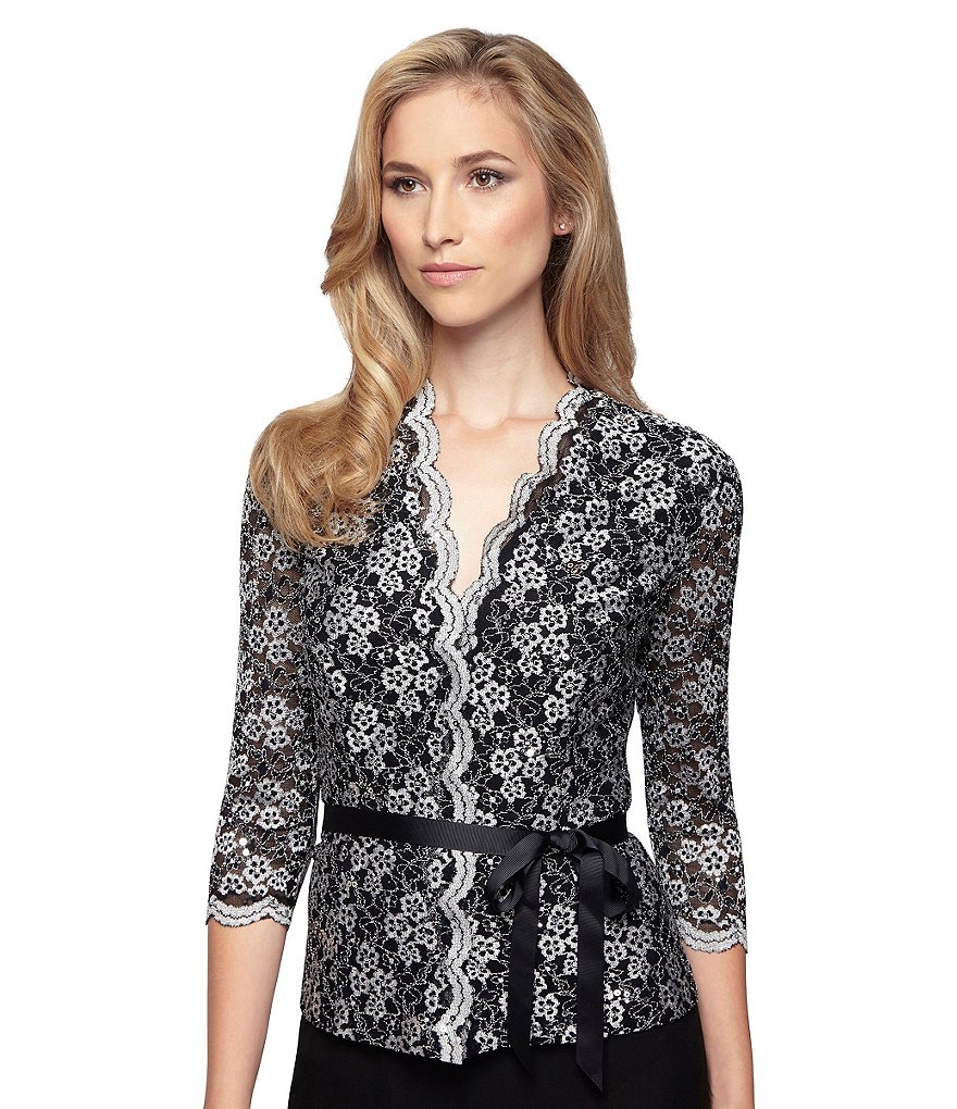 Alex Evenings Lace Scallop Detail 3/4 Sleeve Tie Belt Top
