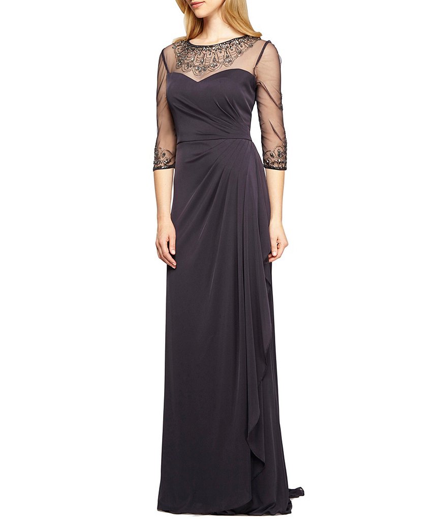 Alex Evenings Long A-Line Beaded Illusion Sweetheart Neckline Dress