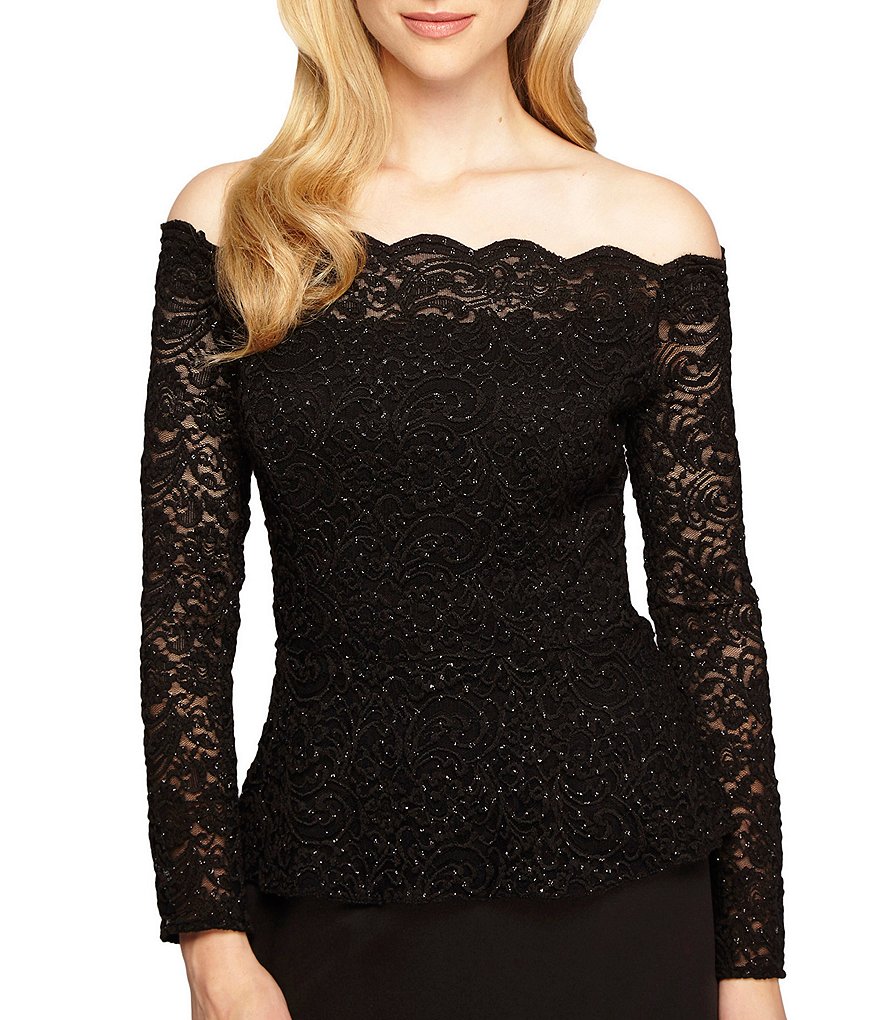 Alex Evenings Off-The-Shoulder Long Sleeve Lace Blouse