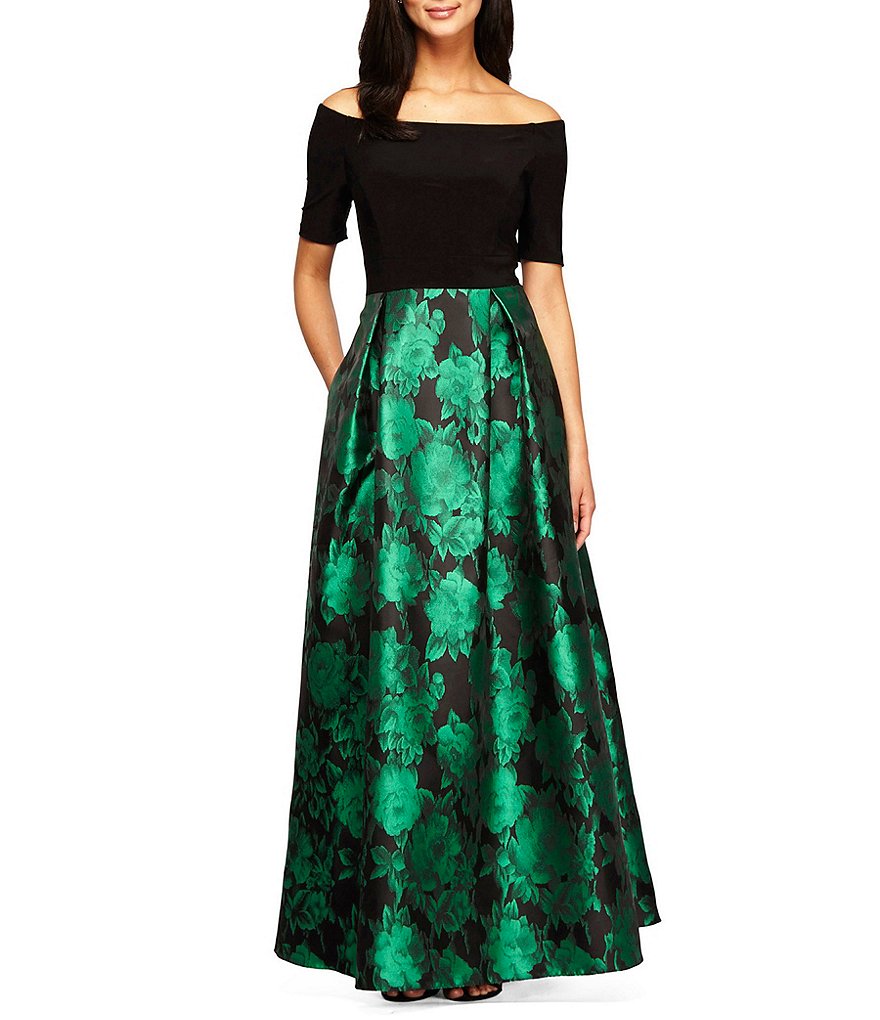 Alex Evenings Off-The-Shoulder Short Sleeve Printed Ballgown