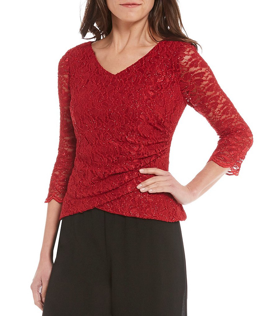 Alex Evenings Petite 3/4-Sleeve Tulip-Hem Lace Blouse