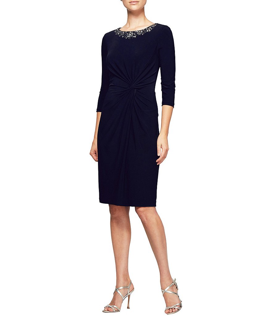 Alex Evenings Petite Beaded Neck Twist Front Dress