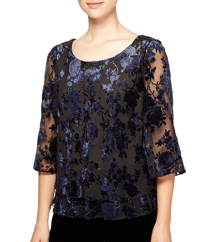 Alex Evenings Petite Flocked Velvet Floral Blouse