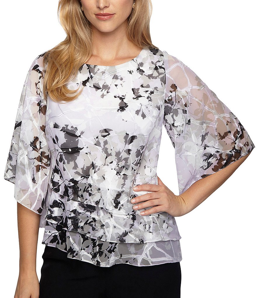 Alex Evenings Petite Size Bell Sleeve Floral Print Blouse