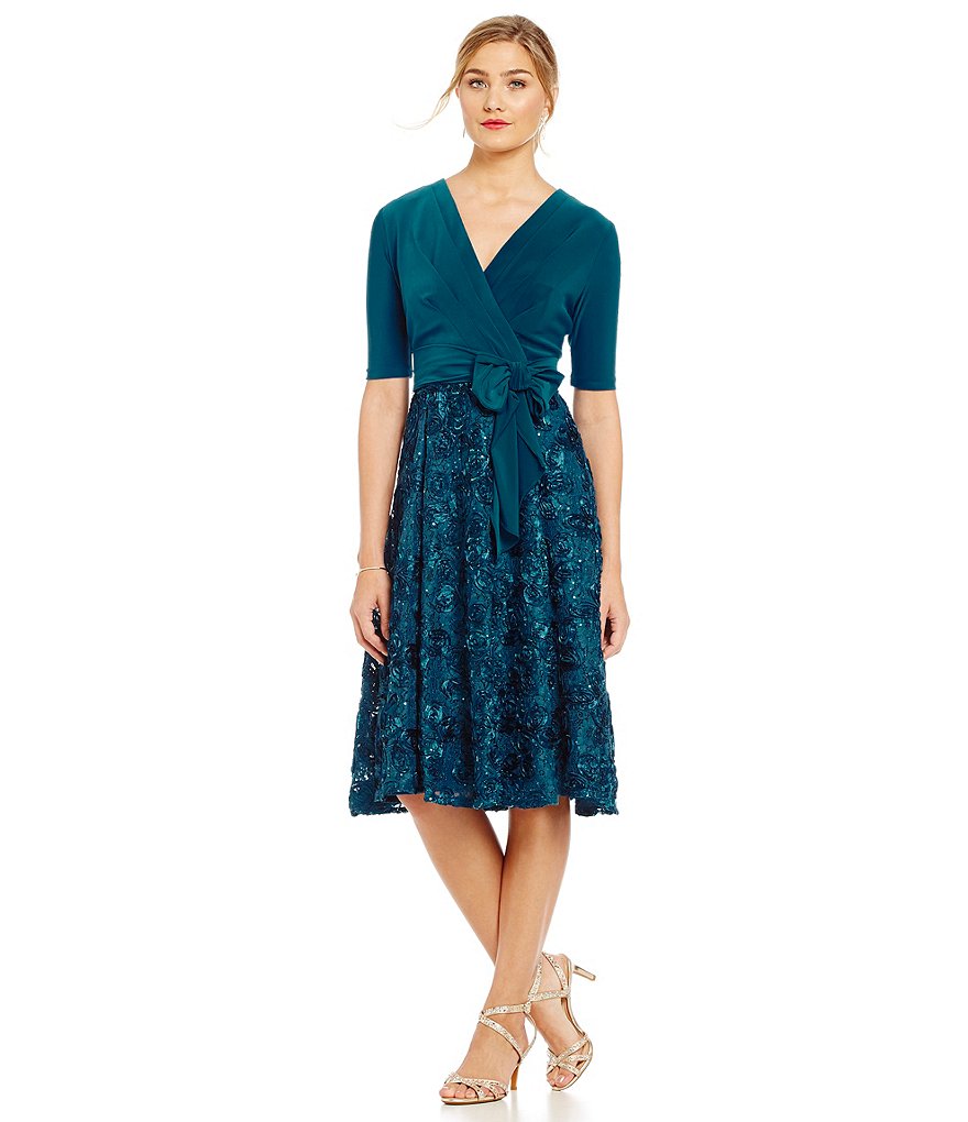 Alex Evenings Petite Tea-Length Rosette Skirt Party Dress