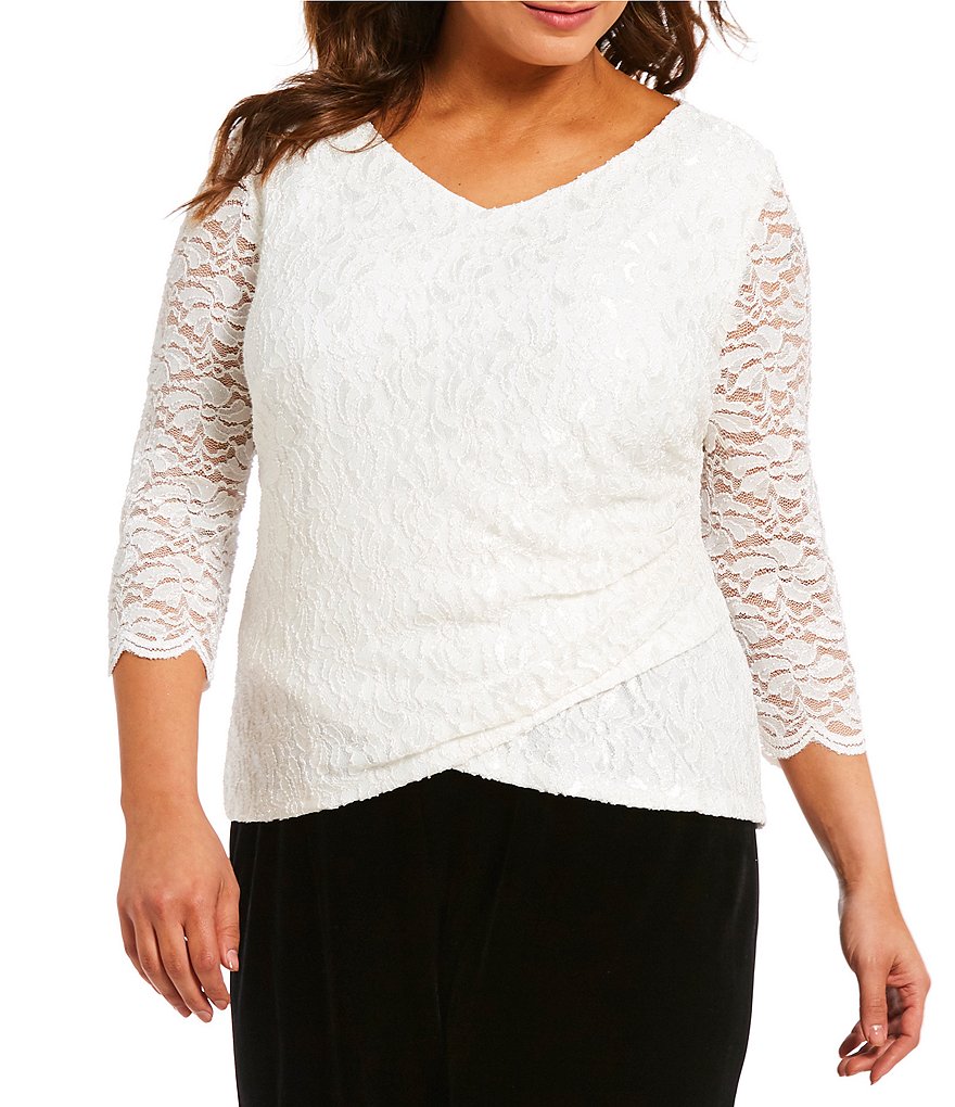 Alex Evenings Plus 3/4 Sleeve Glitter Lace Blouse