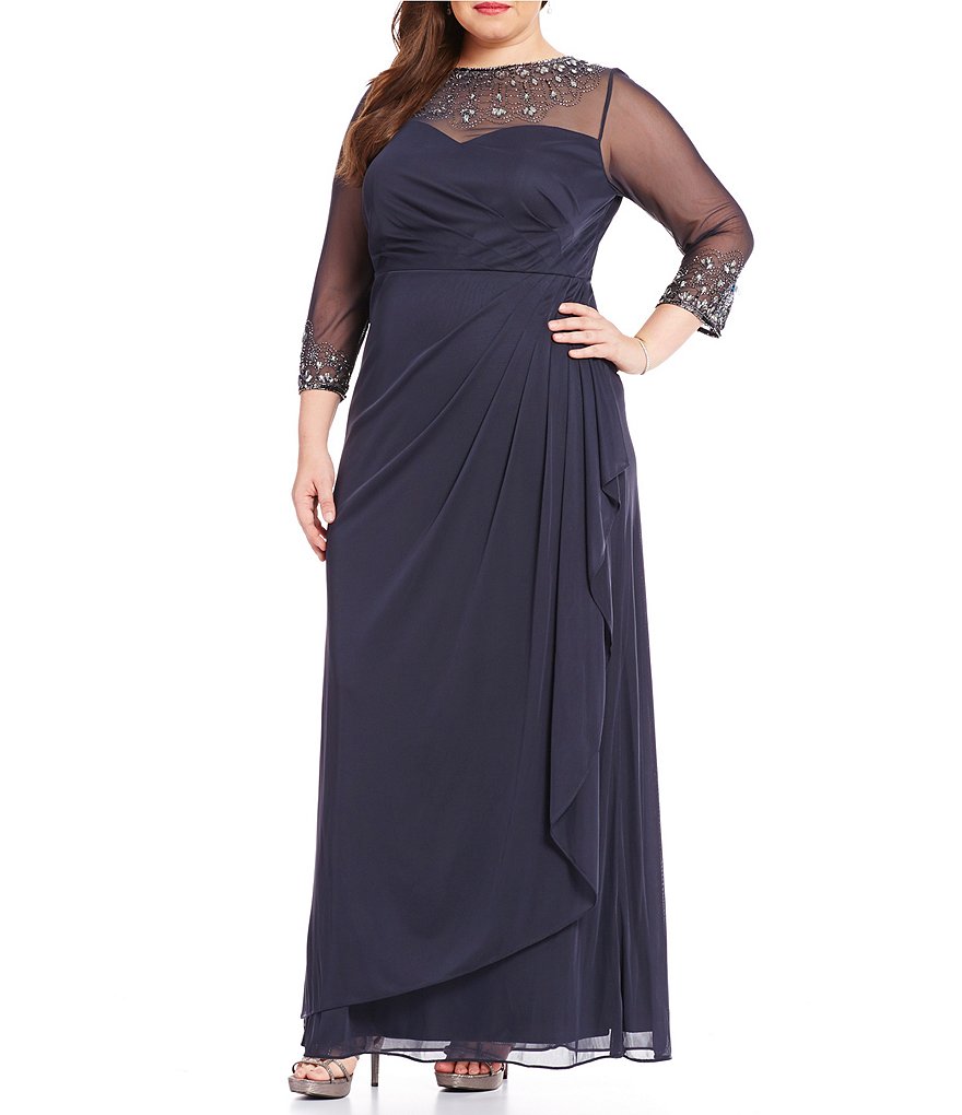 Alex Evenings Plus A-Line Sweetheart Illusion Neck 3/4 Sleeve Gown
