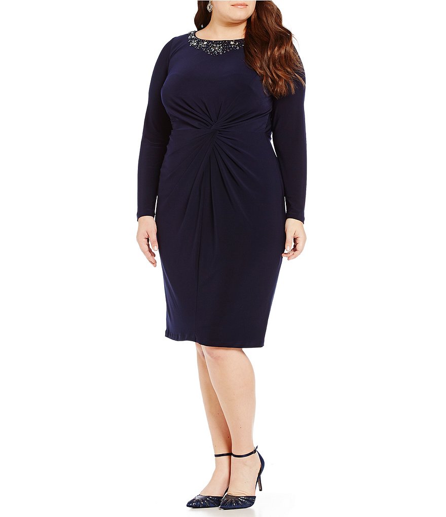 Alex Evenings Plus Beaded Neck Twist-Front Dress