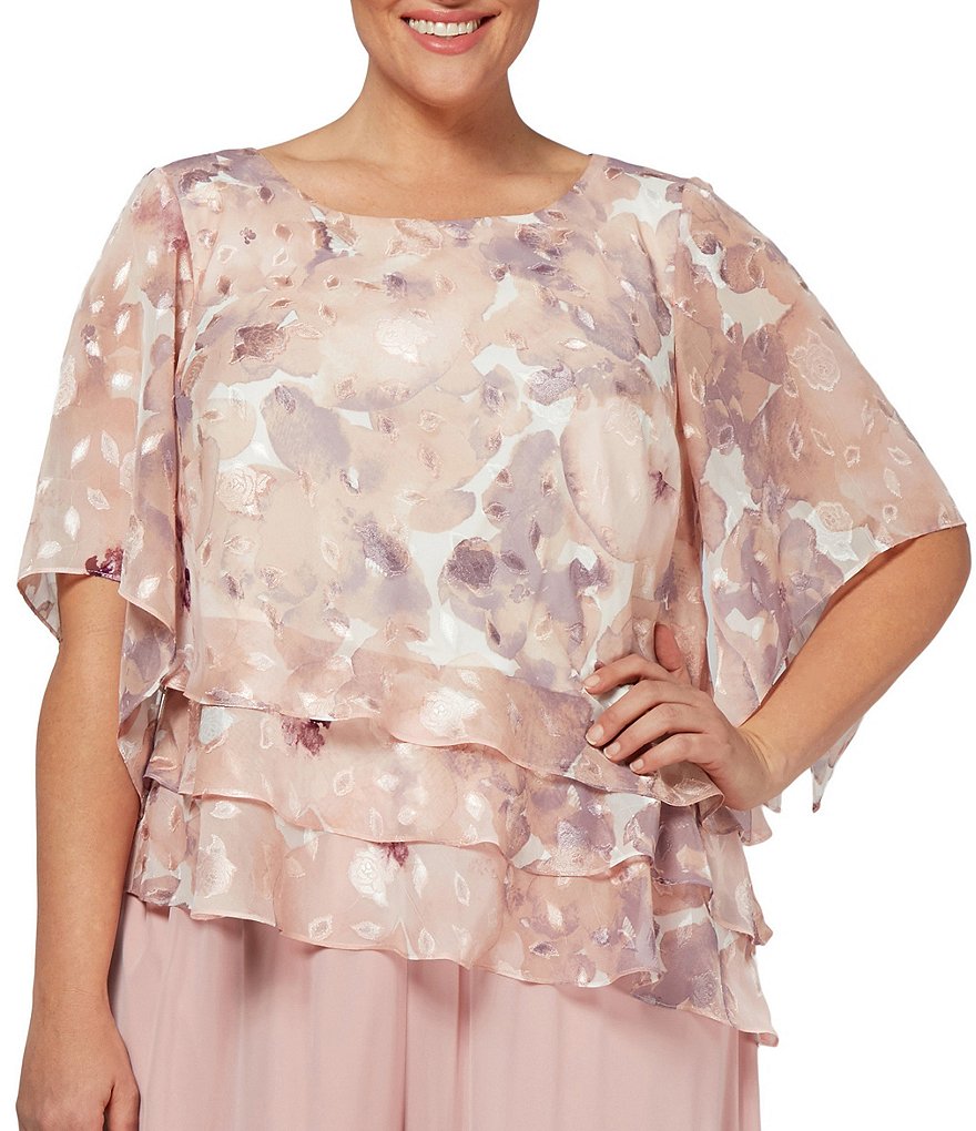 Alex Evenings Plus Size Printed Asymmetrical Tiered Hem Blouse