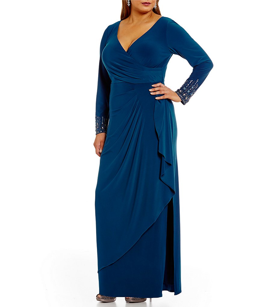Alex Evenings Plus Surplice Beaded-Sleeve Draped Gown