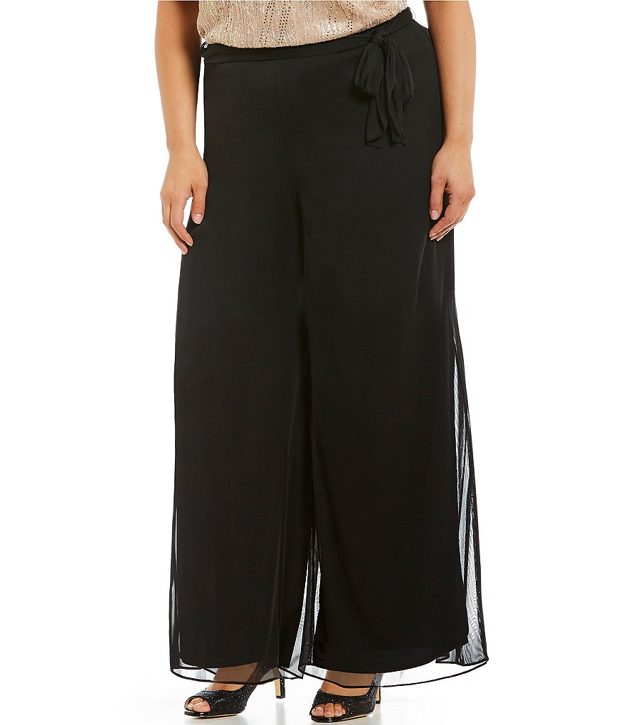 Alex Evenings Plus Tie-Detail Mesh Wide-Leg Pants