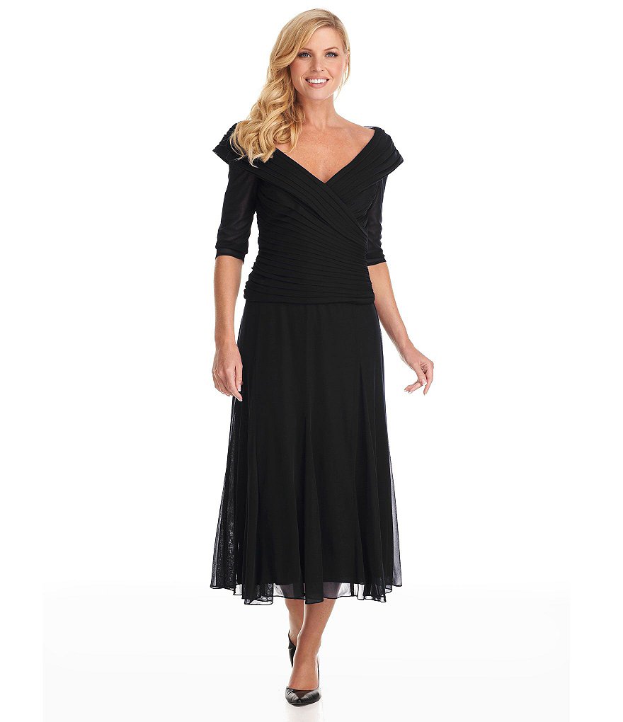 Alex Evenings Portrait-Collar Mesh Gown