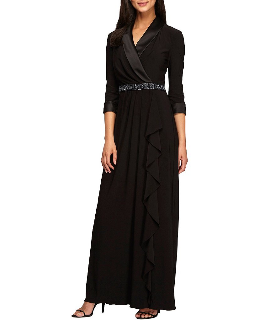 Alex Evenings Satin Collar Beaded Waist Ruffle Skirt Dress