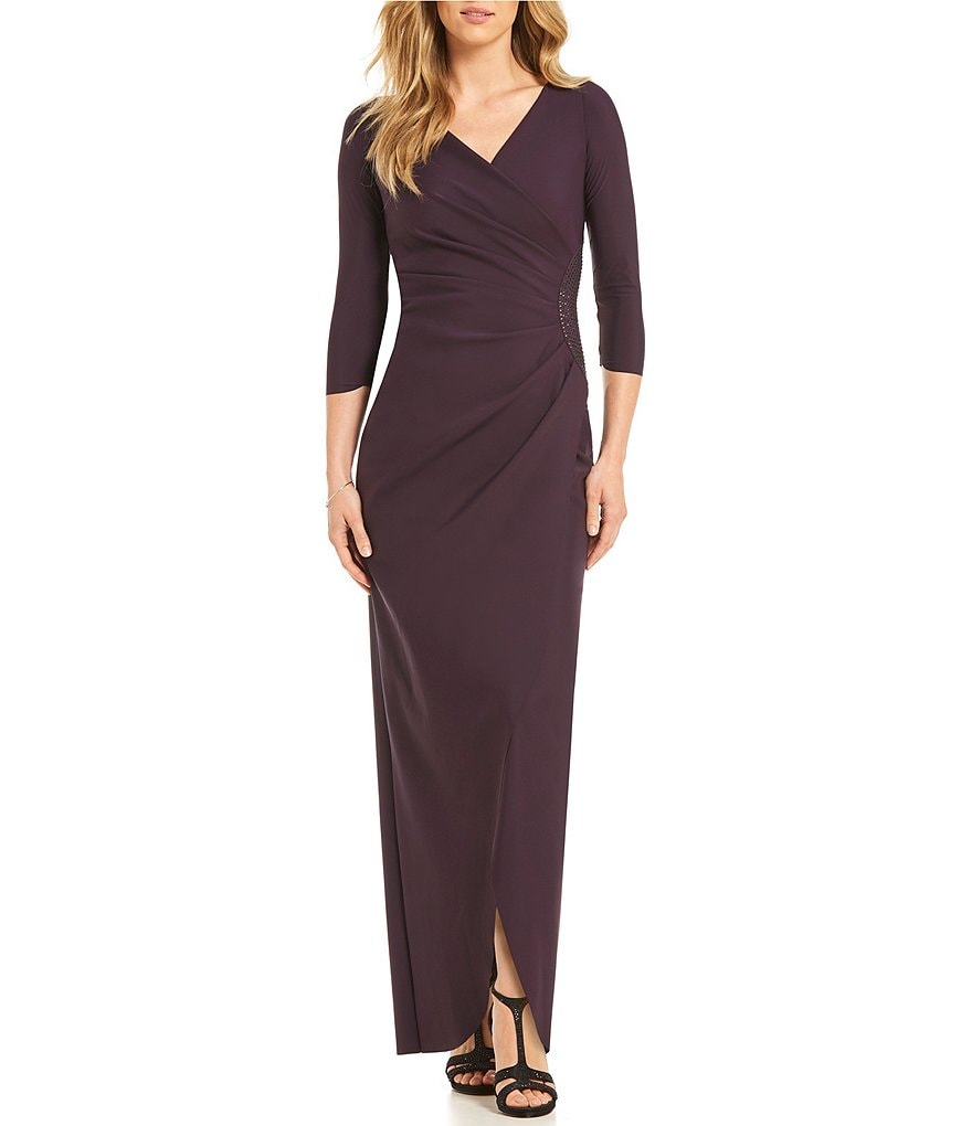 Alex Evenings Surplice V-Neck Bead Trim Ruched Dress