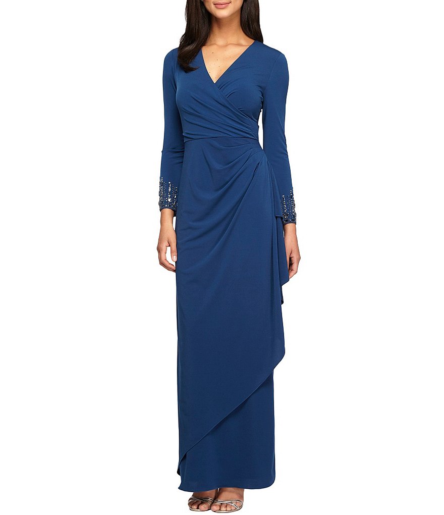 Alex Evenings Surplice V-Neck Beaded Sleeve Draped Gown
