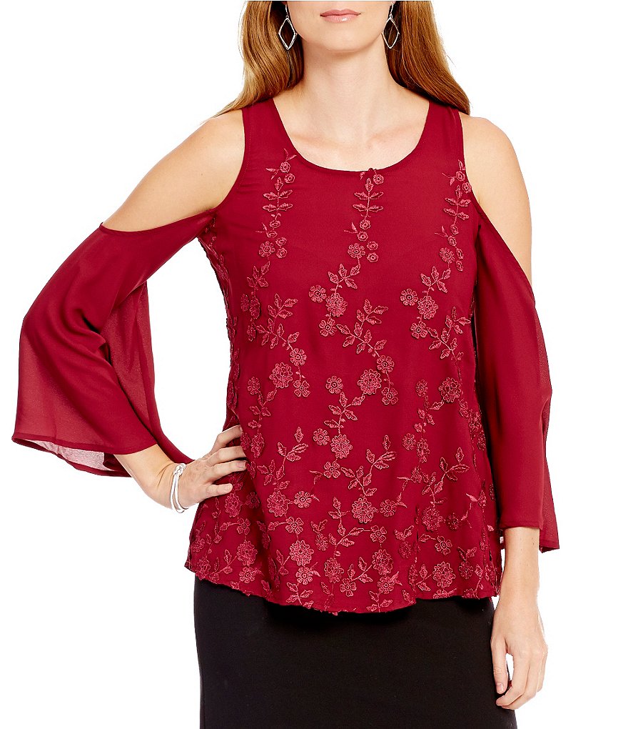 Alex Marie Alyse Woven Cold-Shoulder Bell Sleeve Floral Top
