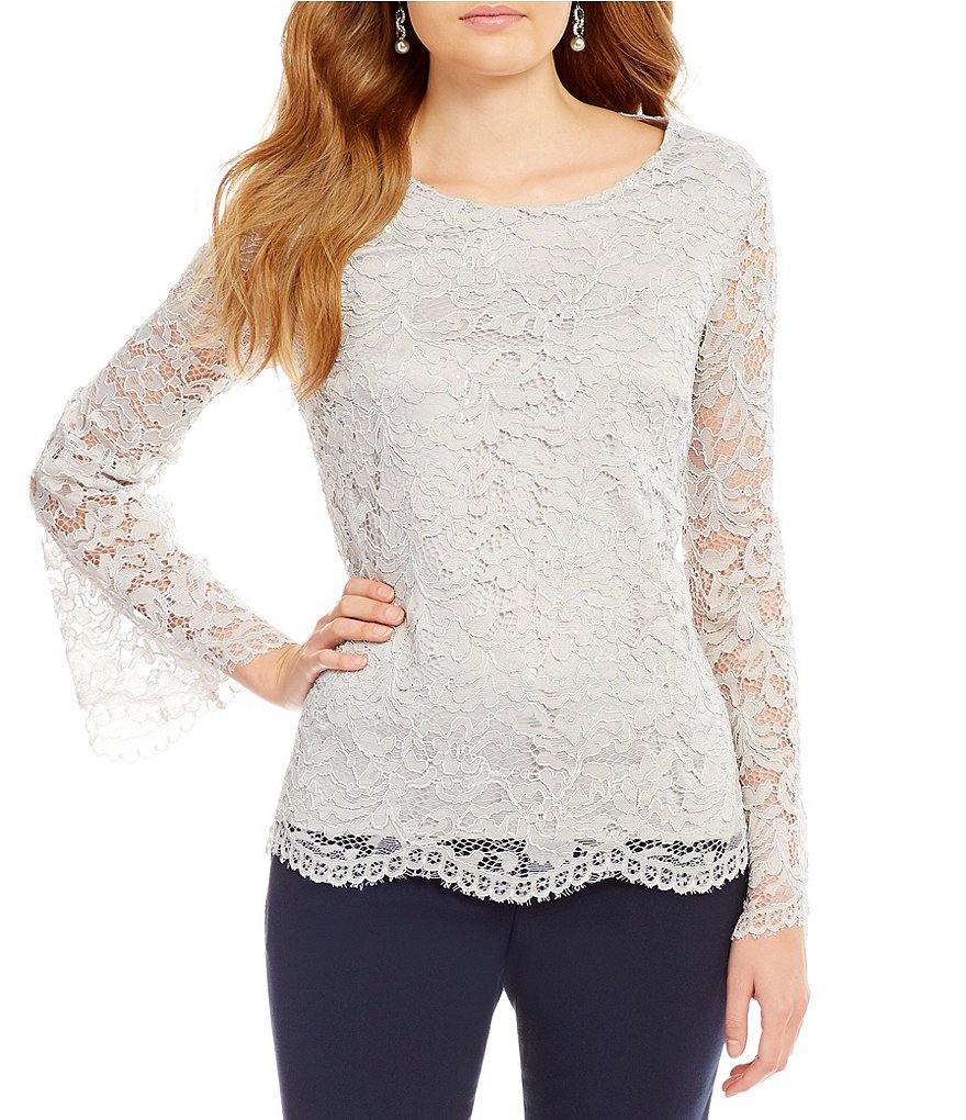 Alex Marie Kimi Woven Sequin Lace Long Bell Sleeve Blouse
