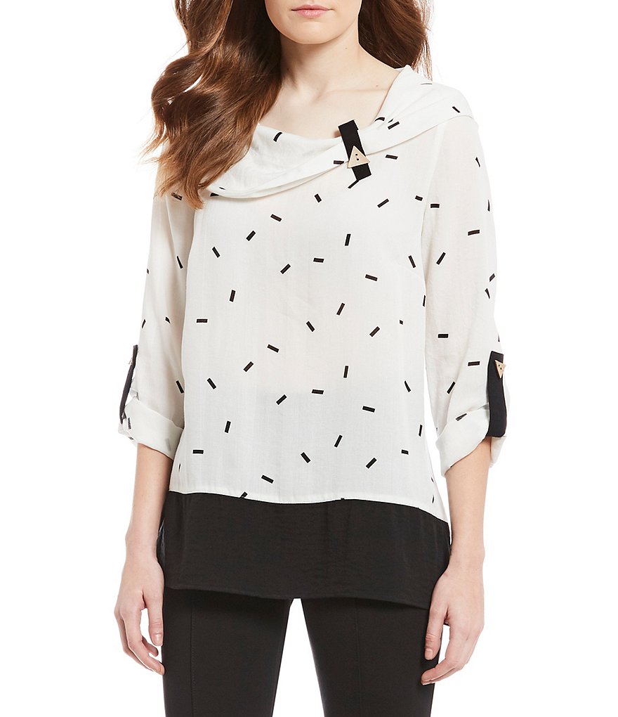 Ali Miles Petite Size Color Block Cowl Neck Tunic Top