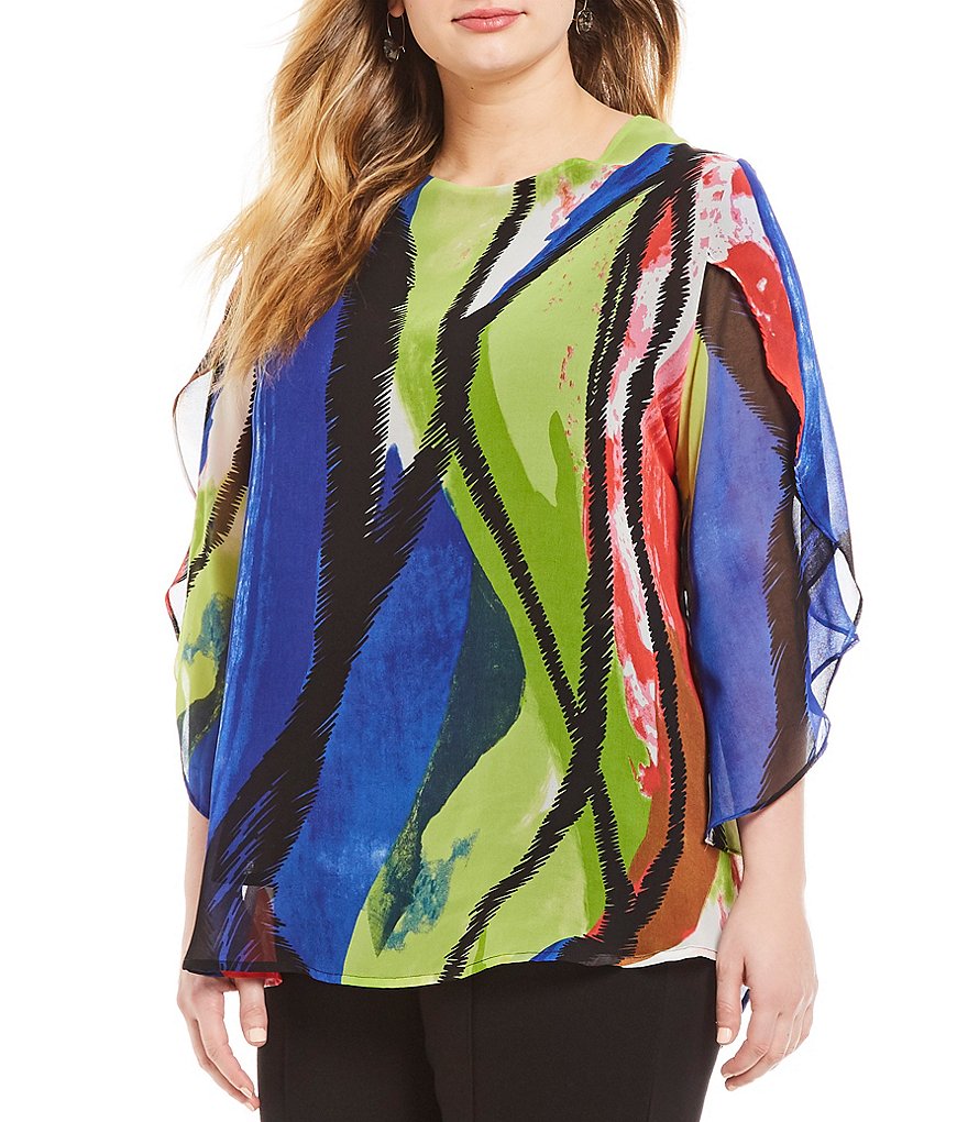 Ali Miles Plus 3/4 Flutter Sleeve Abstract Print Top
