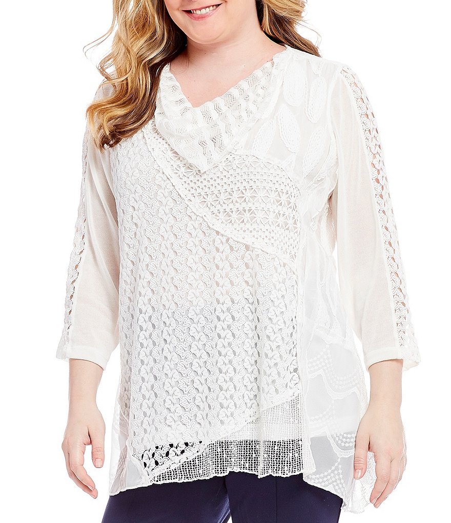 Ali Miles Plus Mixed Media Cowl-Neck Tunic