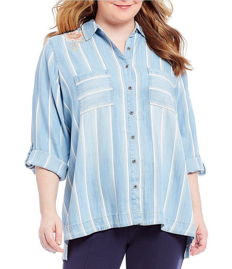Ali Miles Plus Roll-Tab Sleeve Striped Embroidered Tencel Shirt