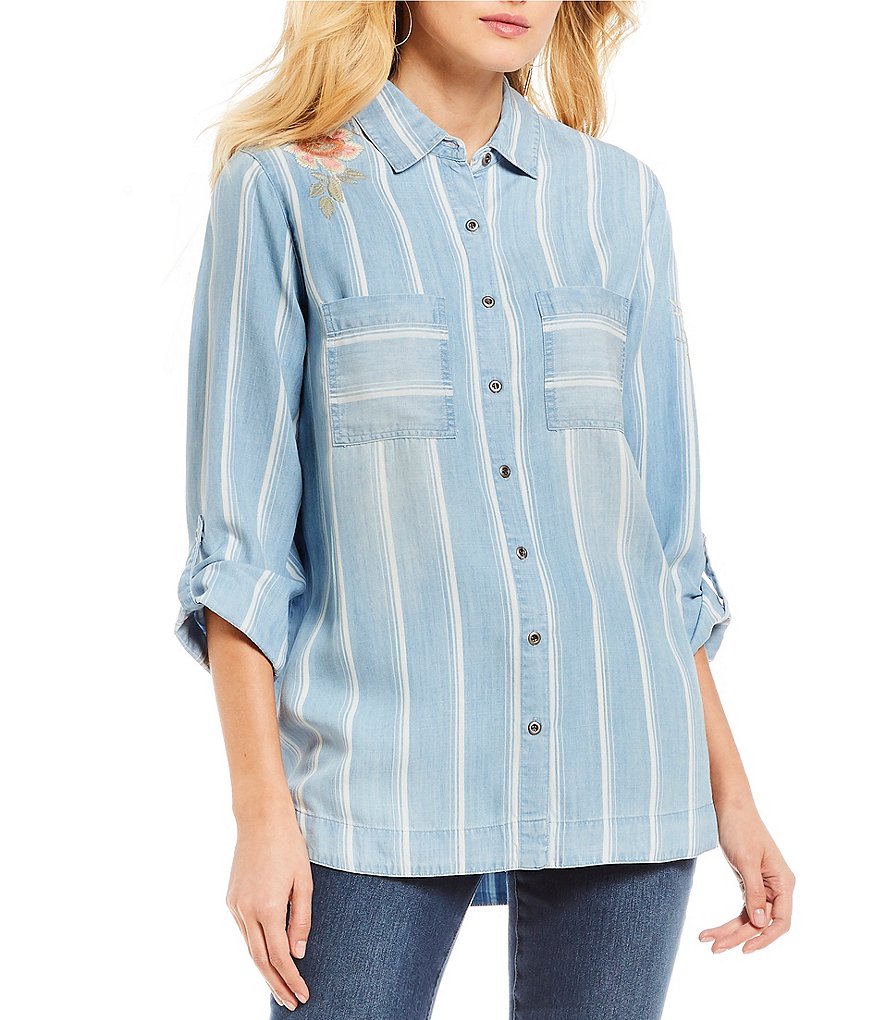 Ali Miles Roll-Tab Sleeve Striped Embroidered Tencel Shirt