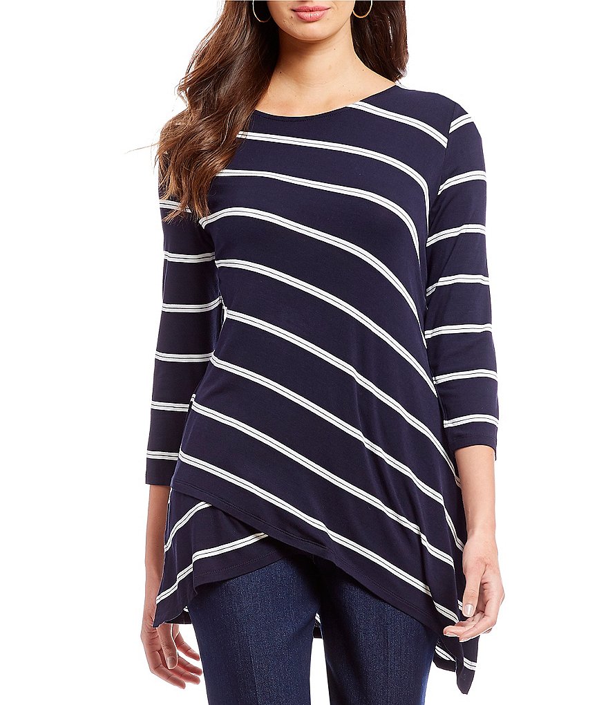 Allison Daley 3/4 Sleeve Layered Front Stripe Print Tunic