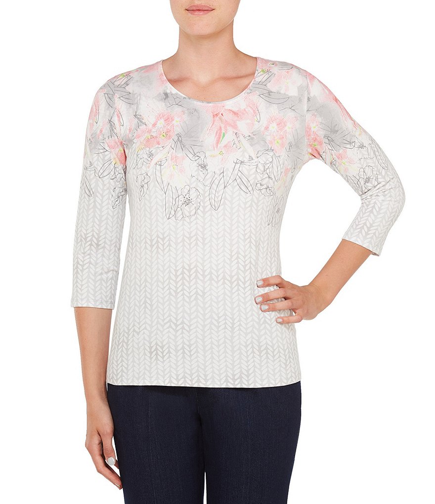 Allison Daley Embellished Crew-Neck Floral Speck Print Knit Top