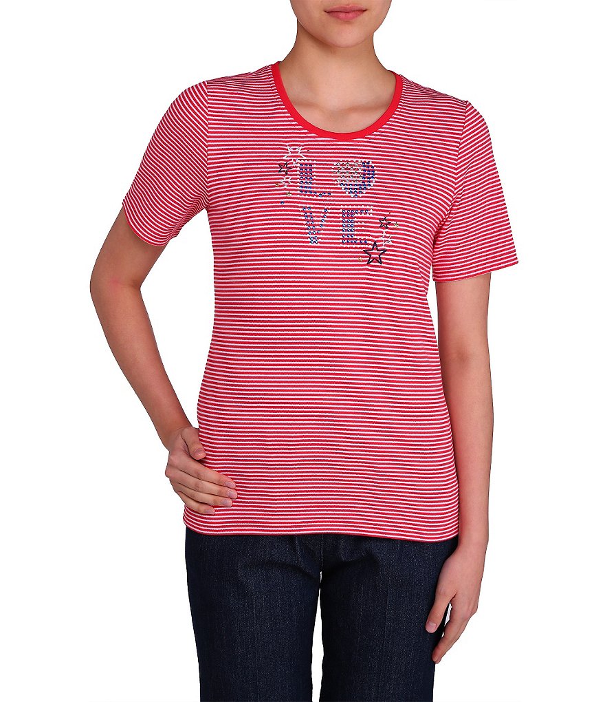 Allison Daley Embellished Crew-Neck Short Sleeve Printed Knit Top