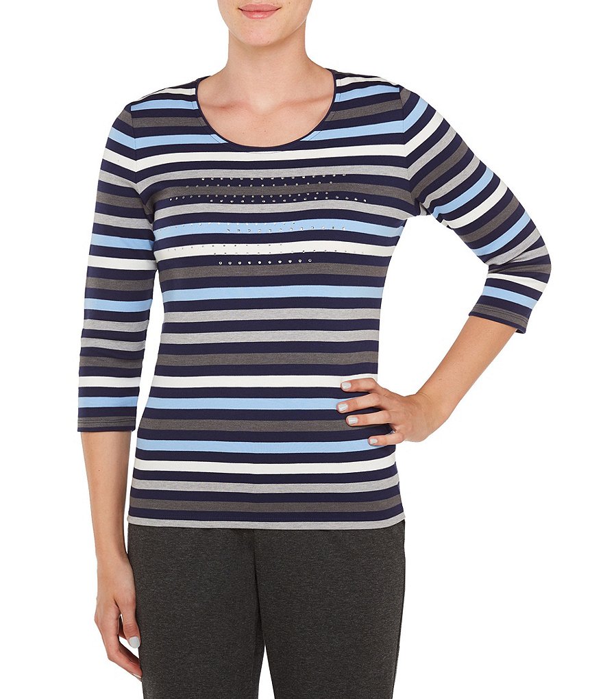 Allison Daley Embellished Stripe Print 3/4 Sleeve Knit Top