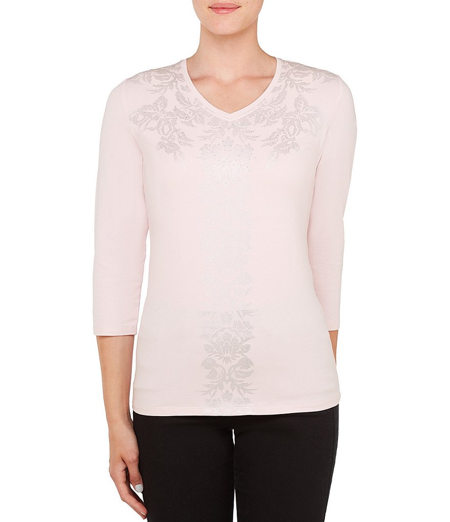 Allison Daley Embellished V-Neck 3/4 Sleeve Foil Detail Knit Top