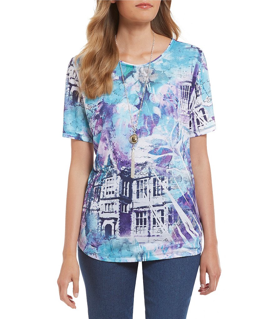 Allison Daley Embellished Wide Crew-Neck Short Sleeve Printed Knit Top