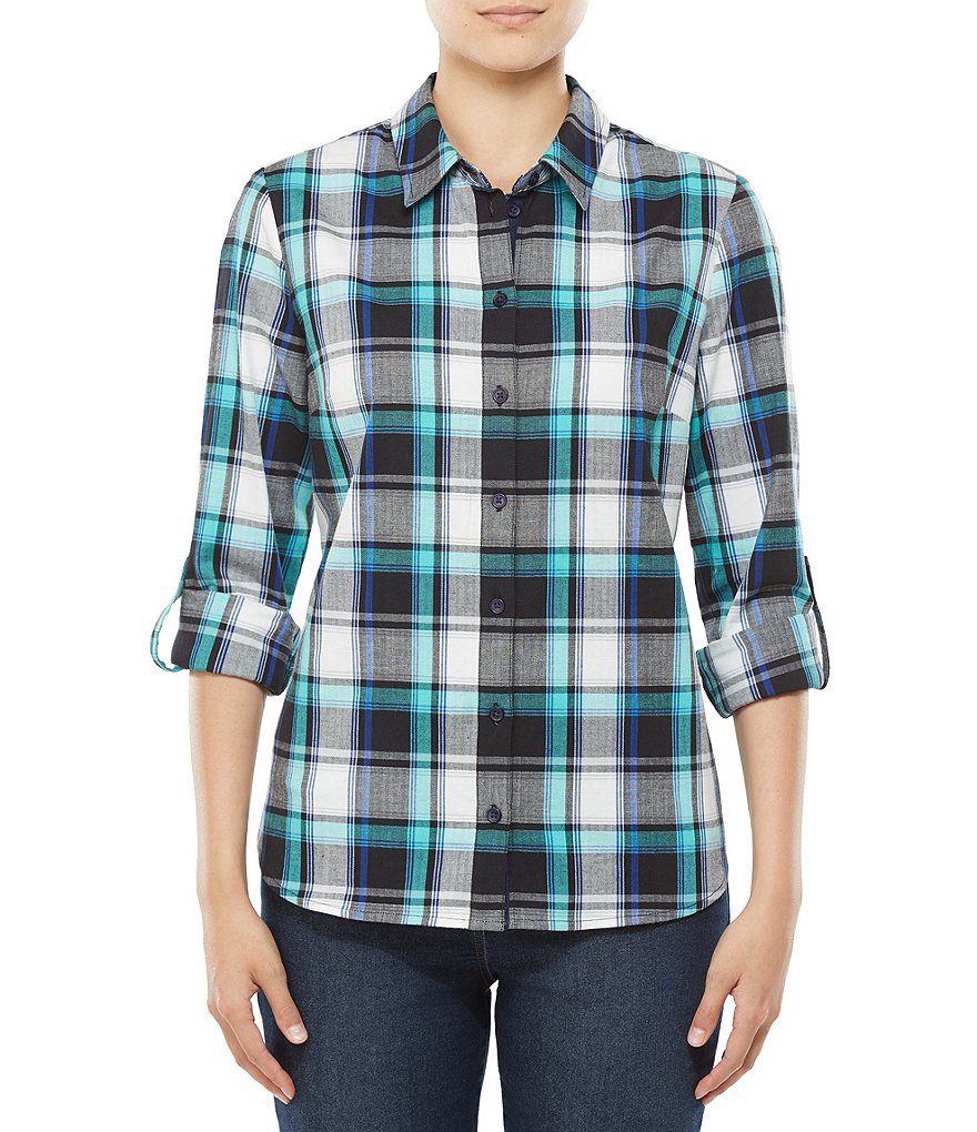 Allison Daley Long Roll-Tab Sleeve Plaid Button Front Shirt